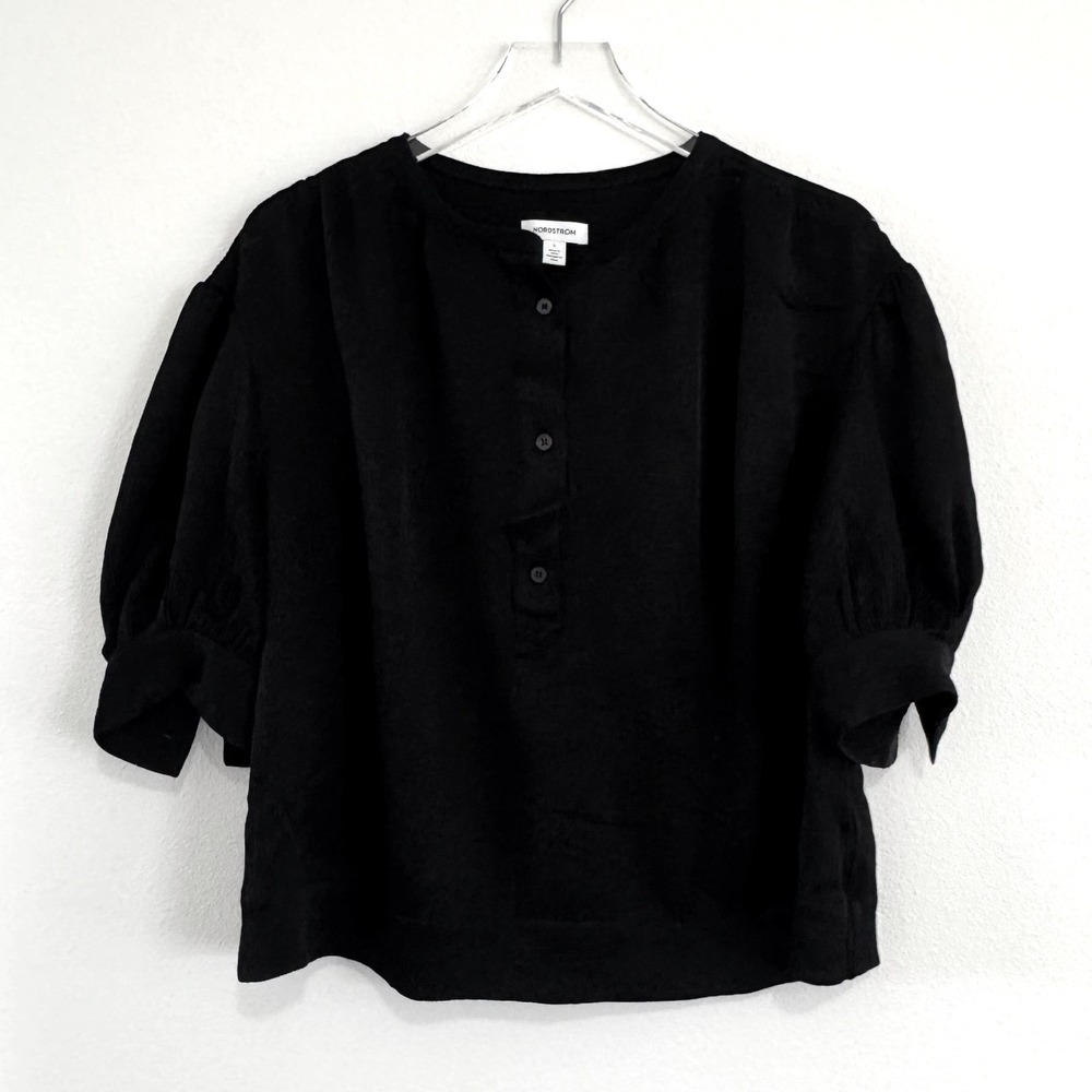 Nordstrom | Black Puff Sleeve Henley Blouse Top Crew Neck Balloon Sleeve